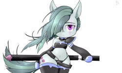 Size: 4096x2457 | Tagged: safe, artist:a.s.e, marble pie, earth pony, semi-anthro, g4, armor, belly, belly button, belt, blade, clothes, female, hair over one eye, looking at you, mare, panties, simple background, socks, solo, stockings, sword, thick, thigh highs, unconvincing armor, underwear, weapon, white background