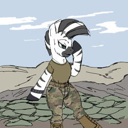 Size: 2048x2048 | Tagged: safe, artist:mare_enjoyer, zecora, zebra, afghanistan, army, boots, camouflage, clothed ponies, clothes, shoes, solo, sweat, uniform, us army