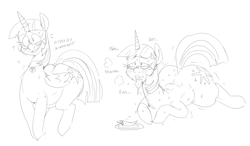 Size: 2400x1400 | Tagged: safe, artist:mhdrawin, twilight sparkle, alicorn, pony, g4, ahegao, blushing, breath, butt, chilli, crying, dialogue, drool, female, food, glasses, hooves, horn, large butt, lidded eyes, lying down, mare, nervous, nervous smile, nervous sweat, on floor, onomatopoeia, open mouth, pet collar, plate, plot, prone, shaking, simple background, single tear, sketch, sketch dump, smiling, spicy, spread legs, spreading, sweat, tail, tongue out, twibutt, white background, wide hips, wings