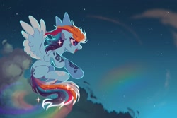 Size: 2048x1365 | Tagged: safe, alternate version, artist:mirtash, rainbow dash, pegasus, pony, g4, alternate design, alternate hair color, alternate hairstyle, alternate tail color, alternate universe, blue coat, cloud, cloud pattern, coat markings, colored ear fluff, colored wings, colored wingtips, ear fluff, facial markings, female, flight trail, flying, lidded eyes, mare, missing cutie mark, multicolored mane, multicolored tail, night, open mouth, open smile, profile, rainbow trail, raised hoof, sky background, smiling, sparkles, sparkly mane, sparkly tail, spiky mane, spread wings, stars, tail, two toned wings, wingding eyes, wings