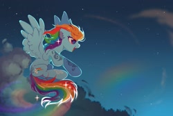 Size: 3000x2000 | Tagged: safe, alternate version, artist:mirtash, rainbow dash, pegasus, pony, g4, alternate design, alternate hairstyle, blue coat, cloud, cloud pattern, coat markings, colored ear fluff, colored wings, colored wingtips, ear fluff, facial markings, female, flight trail, flying, high res, lidded eyes, mare, multicolored hair, multicolored mane, multicolored tail, night, open mouth, open smile, profile, rainbow hair, rainbow tail, rainbow trail, raised hoof, sky background, smiling, sparkles, sparkly mane, sparkly tail, spiky mane, spread wings, stars, tail, two toned wings, wingding eyes, wings