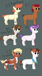 Size: 2100x3800 | Tagged: safe, artist:dexterousdecarius, oc, earth pony, pegasus, unicorn, adoptable, bandage, blank flank, body markings, coat markings, colored wings, earth pony oc, freckles, half-siblings, headband, horn, offspring, parent:apple bloom, parent:pipsqueak, parent:scootaloo, parent:sweetie belle, parents:pipbloom, parents:scootasqueak, parents:sweetiesqueak, pegasus oc, pinto, scar, siblings, spots, towel, two toned wings, unicorn oc, wings