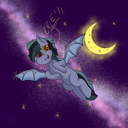 Size: 2048x2048 | Tagged: safe, artist:zugatti69, oc, oc:scrimmy, bat pony, background, bat pony oc, bat wings, eeee, flying, gray coat, multicolored hair, multicolored mane, multicolored tail, night, night sky, signature, sky, solo, tail, wings