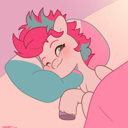 Size: 2480x2480 | Tagged: safe, artist:starburstuwu, zipp storm, pegasus, pony, g5, adorazipp, bed, bed hair, blanket, blushing, cute, female, high res, in bed, looking at you, mare, morning ponies, one eye closed, pillow, smiling, smiling at you, solo, unshorn fetlocks