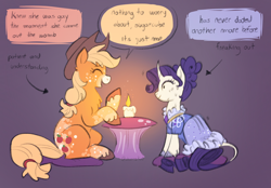 Size: 2048x1423 | Tagged: safe, artist:churrokat, applejack, rarity, classical unicorn, earth pony, pony, unicorn, g4, alternate design, alternate hairstyle, alternate tailstyle, applejack's hat, blonde mane, blonde tail, body freckles, candle, candlelight dinner, chest fluff, clothes, cloven hooves, colored hooves, colored muzzle, cowboy hat, curly mane, curly tail, curved horn, cushion, dialogue, dress, ear fluff, eyebrows, eyebrows visible through hair, facial markings, fancy dress, female, fetlock tuft, freaking out, freckles, gown, gradient background, hair bun, hat, height difference, horn, leg freckles, leonine tail, lesbian, mare, mealy mouth (coat marking), motion lines, nervous, nervous smile, nervous sweat, open mouth, open smile, orange coat, physique difference, ponytail, profile, purple mane, purple tail, raised hoof, redesign, ringlets, ship:rarijack, shipping, shrunken pupils, sitting, smiling, speech bubble, splotches, straight mane, straight tail, sweat, tail, talking, text, tied mane, tied tail, unicorn horn, unshorn fetlocks, wall of tags, white coat, wide eyes