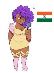Size: 541x724 | Tagged: safe, artist:kreeeeeez, artist:kryzies, pipp petals, human, g5, cyan eyes, heart, human coloration, humanized, indian, microphone, pink shoes, pink socks, purple hair, simple background, smiling, solo, white background, yellow dress
