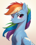 Size: 2058x2528 | Tagged: safe, artist:sierraex, rainbow dash, pegasus, pony, g4, eyebrows, female, frown, gradient background, high res, looking at you, mare, serious, serious face, sitting, solo