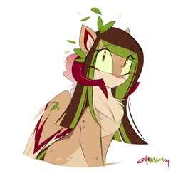Size: 1417x1362 | Tagged: safe, artist:madragon, oc, oc only, oc:helemaranth, pegasus, chest fluff, cute, female oc, freckles, horns, leaves, leaves in hair, looking at you, pegasus oc, shy, simple background, solo, white background