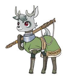 Size: 1269x1466 | Tagged: safe, artist:multiverseequine, derpibooru exclusive, oc, oc only, oc:sycamore, deer, pony, armor, boots, buck, choker, clothes, colored eartips, deer oc, full body, grey hair, horizontal pupils, male, non-pony oc, red eyes, robe, shoes, shoulder pads, simple background, solo, staff, standing, tail, transparent background, weapon, writing