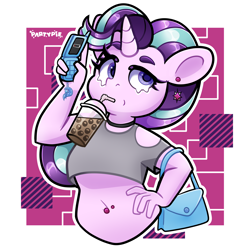 Size: 4000x4000 | Tagged: safe, artist:partypievt, starlight glimmer, unicorn, anthro, g4, bag, belly button, belly piercing, bubble tea, cellphone, clothes, drink, ear piercing, earring, hand on hip, handbag, horn, jewelry, looking back, looking up, phone, piercing, redraw, sassy, short shirt, shoulderless, simple background, solo