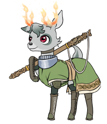 Size: 1269x1466 | Tagged: safe, alternate version, artist:multiverseequine, derpibooru exclusive, oc, oc only, oc:sycamore, deer, pony, antlers, armor, boots, buck, choker, clothes, colored eartips, deer oc, fire, full body, grey hair, horizontal pupils, male, non-pony oc, on fire, red eyes, robe, shoes, shoulder pads, simple background, solo, staff, standing, tail, transparent background, weapon, writing