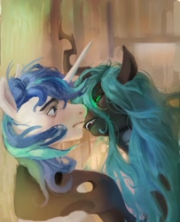 Size: 951x1174 | Tagged: safe, artist:vondsketch, queen chrysalis, shining armor, changeling, changeling queen, pony, unicorn, fangs, female, horn, imminent kissing, infidelity, male, mare, pinned, ship:shining chrysalis, shipping, stallion, straight