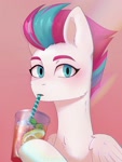 Size: 1200x1600 | Tagged: safe, artist:glumarkoj, zipp storm, pegasus, pony, g5, abstract background, blushing, drink, drinking, drinking straw, female, looking at you, mare, solo
