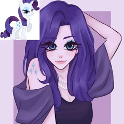 Size: 1440x1440 | Tagged: safe, artist:liahsaflor, rarity, human, pony, unicorn, alternative cutie mark placement, breasts, bust, cleavage, eyebrows, eyebrows visible through hair, female, horn, humanized, looking at you, mare, passepartout, purple background, reference, shoulder cutie mark, simple background, smiling, smiling at you, solo