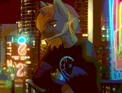 Size: 944x720 | Tagged: safe, artist:glumarkoj, oc, oc only, unicorn, anthro, animated, cheek fluff, cigarette, city, clothes, gif, horn, jewelry, loop, male, necklace, shirt, smoking, solo, stallion, t-shirt