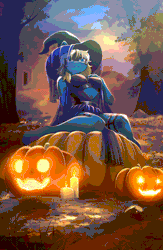Size: 832x1280 | Tagged: safe, artist:glumarkoj, oc, oc only, earth pony, anthro, unguligrade anthro, animated, breasts, candle, clothes, female, garter straps, gif, halloween, hat, holiday, jack-o-lantern, pumpkin, solo, tree, veil, witch hat