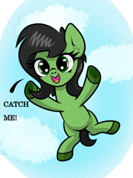 Size: 1500x2005 | Tagged: safe, artist:scandianon, oc, oc only, oc:filly anon, female, filly, foal, frog (hoof), hoof heart, jumping, open mouth, outdoors, sky, smiling, talking, underbelly, underhoof
