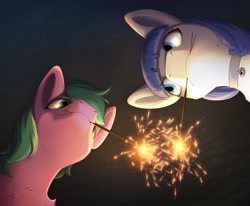 Size: 2039x1677 | Tagged: safe, artist:glumarkoj, oc, oc only, pony, chest fluff, collar, female, from below, mare, mouth hold, sparkler (firework)