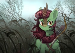 Size: 2039x1447 | Tagged: safe, artist:glumarkoj, oc, oc only, oc:meadow glade, kirin, pony, arrow, bare tree, bow (weapon), bow and arrow, colored eartips, commission, quiver, reeds, solo, swamp, tree, weapon
