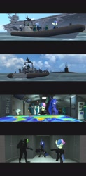 Size: 1680x3408 | Tagged: safe, bon bon, princess luna, sweetie drops, oc, oc:anon, alicorn, earth pony, human, pegasus, series:my little spec ops, g4, 3d, aircraft carrier, boat, clothes, comic, diving suit, gmod, letterboxing, map, military, navy, ocean, submarine, uniform, water, zodiac