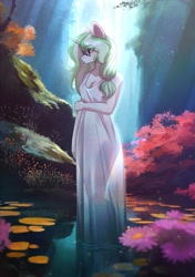 Size: 2039x2894 | Tagged: safe, artist:glumarkoj, oc, oc only, unicorn, anthro, breasts, cleavage, clothes, dress, eye clipping through hair, eyebrows, eyebrows visible through hair, female, flower, forest, glasses, horn, lilypad, nature, solo, tree, water