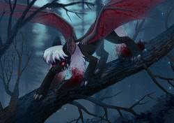 Size: 2894x2039 | Tagged: safe, artist:glumarkoj, oc, oc only, original species, pony, blood, claws, dragon wings, fangs, forest, in a tree, nature, red eyes, solo, tree, wings