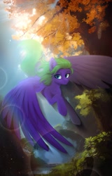 Size: 2039x3182 | Tagged: safe, artist:glumarkoj, oc, oc only, pegasus, pony, chest fluff, ear fluff, female, flying, forest, mare, nature, solo, tree