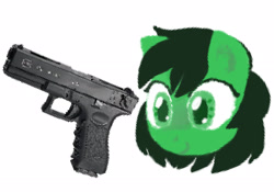 Size: 2442x1705 | Tagged: safe, artist:farofeiro, derpibooru exclusive, oc, oc only, oc:filly anon, earth pony, pony, female, filly, glock, glock 18c, gun, pistol, pixelated, simple background, solo, weapon, white background