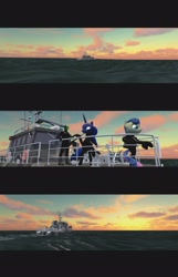 Size: 1680x2608 | Tagged: safe, oc, oc:anon, alicorn, earth pony, human, series:my little spec ops, boat, clothes, comic, diving suit, grin, hoofbump, letterboxing, military, navy, ocean, skintight clothes, smiling, sunrise, water