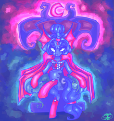 Size: 3600x3800 | Tagged: safe, artist:mannybcadavera, idw, princess luna, alicorn, pony, reflections, abstract background, crossed legs, evil counterpart, evil luna, female, furrowed brow, grin, high res, looking at you, mare, mirror universe, signature, sitting, smiling, smiling at you, solo, throne