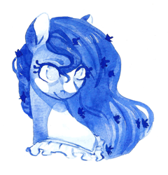 Size: 1269x1320 | Tagged: safe, artist:renka2802, oc, oc only, oc:mayflower, earth pony, pony, bluescale, bust, commission, female, mare, monochrome, simple background, smiling, solo, traditional art, watercolor painting, white background