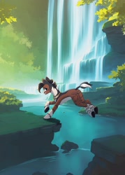 Size: 2067x2894 | Tagged: safe, artist:glumarkoj, oc, oc only, pony, zebra, chest fluff, female, jewelry, jumping, leaping, mare, necklace, river, scenery, scenery porn, solo, stream, stripes, water, waterfall