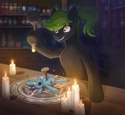 Size: 3184x2943 | Tagged: safe, artist:glumarkoj, oc, oc only, oc:achlys, pegasus, pony, bipedal, button eyes, candle, female, hammer, magic, magic circle, mallet, mare, nail, needle, plushie, plushie abuse, ritual, solo, this will end in death, this will end in pain, voodoo doll