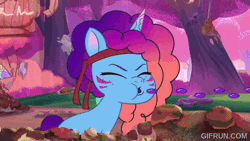 Size: 520x293 | Tagged: safe, screencap, misty brightdawn, pony, unicorn, friday night food fight, g5, my little pony: tell your tale, animated, bridlewood, cute, eyes closed, female, food, gif, gifrun.com, grapes, horn, loop, mare, mistybetes, solo, war paint