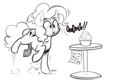 Size: 1302x891 | Tagged: safe, artist:mr-slmn, pinkie pie, earth pony, pony, black and white, cupcake, female, food, grayscale, implied twilight sparkle, mare, monochrome, note, simple background, sketch, solo, standing, standing on one leg, white background