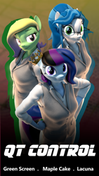 Size: 2160x3840 | Tagged: safe, artist:dangerousdpad, oc, oc only, oc:green screen, oc:lacuna, oc:maple cake, earth pony, anthro, 3d, movie poster, qt control series, source filmmaker, trio