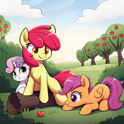 Size: 1024x1024 | Tagged: safe, ai content, edit, apple bloom, scootaloo, sweetie belle, earth pony, pegasus, pony, unicorn, apple, apple tree, cloud, crouching, cutie mark crusaders, folded wings, food, grass, horn, log, looking at something, looking at you, prompt in description, scenery, sitting, smiling, tree, wings