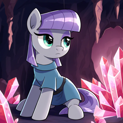 Size: 1024x1024 | Tagged: safe, ai content, maud pie, earth pony, pony, cave, crystal, glowing, looking away, prompt in description, red, solo, stalactite