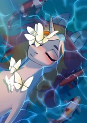 Size: 2480x3508 | Tagged: safe, artist:glumarkoj, oc, oc only, butterfly, fish, koi, pony, unicorn, chest fluff, crepuscular rays, eyes closed, female, fins, fish tail, horn, lying down, mare, on back, solo, sunlight, swimming, tail, water