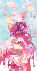 Size: 3400x6504 | Tagged: safe, artist:saxopi, oc, oc only, oc:nyn indigo, semi-anthro, absurd resolution, bare shoulders, cherry blossoms, clothes, drawing, dress, female, flower, flower blossom, lantern, paintbrush, paper lantern, scarf, scroll, sitting, solo, tree branch
