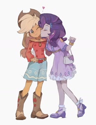 Size: 1299x1681 | Tagged: safe, artist:bilidongdong, applejack, rarity, human, equestria girls, g4, applejack's hat, bag, blushing, boots, cheek kiss, clothes, cowboy hat, cuffs (clothes), cute, dress, duo, female, floating heart, freckles, handbag, hat, heart, humanized, jackabetes, jewelry, kissing, lesbian, one eye closed, raribetes, ship:rarijack, shipping, shoes, shorts, simple background, strapless, white background