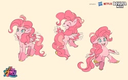 Size: 1900x1200 | Tagged: safe, artist:bilidongdong, pinkie pie, pegasus, pony, g4, alternate design, colored wings, female, mare, pegasus pinkie pie, race swap, simple background, solo, unshorn fetlocks, wings, yellow background