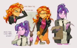 Size: 1841x1154 | Tagged: safe, artist:bilidongdong, starlight glimmer, sunset shimmer, human, equestria girls, g4, clothes, duo, female, humanized, jacket, leather, leather jacket, necktie, quill, s5 starlight, scroll, skirt, staff, staff of sameness