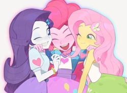Size: 1123x823 | Tagged: safe, artist:bilidongdong, fluttershy, pinkie pie, rarity, human, equestria girls, g4, arms, arms around neck, bare shoulders, belt, bracelet, breasts, clothes, cuffs (clothes), embrace, female, fingers, group hug, hairpin, hand, happy, hug, humanized, jewelry, legs, long hair, makeup, open mouth, open smile, shirt, short sleeves, simple background, skirt, sleeveless, smiling, tank top, teenager, teeth, top, trio, trio female, vest, white background