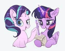 Size: 817x638 | Tagged: safe, artist:bilidongdong, starlight glimmer, twilight sparkle, alicorn, pony, unicorn, colored sketch, duo, female, horn, magic, mare, quill, scroll, simple background, sketch, telekinesis, twilight sparkle (alicorn), white background, writing