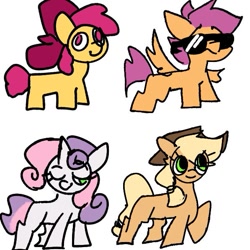 Size: 597x597 | Tagged: safe, artist:madiwann, apple bloom, applejack, scootaloo, sweetie belle, earth pony, pegasus, pony, unicorn, g4, cutie mark crusaders, female, filly, foal, horn, mare, one eye closed, simple background, smiling, sunglasses, white background, wink