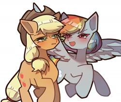 Size: 1826x1536 | Tagged: safe, artist:mugitya012, applejack, rainbow dash, earth pony, pegasus, pony, g4, applejack's hat, blushing, cowboy hat, female, flying, hat, lesbian, looking at each other, looking at someone, mare, ship:appledash, shipping, simple background, white background