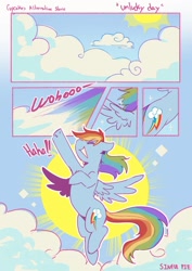 Size: 1366x1933 | Tagged: safe, artist:piesinful, rainbow dash, pegasus, pony, comic:unlucky day, fanfic:cupcakes, g4, cheering, cloud, dialogue, eyebrows, eyebrows visible through hair, eyes closed, female, flying, mare, open mouth, open smile, outdoors, raised hoof, signature, smiling, solo, spread wings, sun, talking, wings