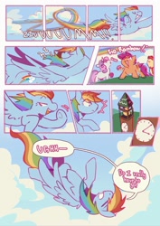 Size: 1366x1933 | Tagged: safe, artist:piesinful, apple bloom, rainbow dash, scootaloo, sweetie belle, earth pony, pegasus, pony, unicorn, comic:unlucky day, fanfic:cupcakes, g4, clock, clock tower, comic, cutie mark crusaders, dialogue, eyes closed, female, filly, flight trail, flying, foal, groan, group, horn, mare, music notes, outdoors, ponyville clock tower, quartet, rainbow trail, solo focus, speech bubble, text