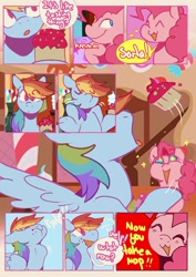 Size: 1366x1933 | Tagged: safe, artist:piesinful, pinkie pie, rainbow dash, pegasus, pony, comic:unlucky day, fanfic:cupcakes, g4, :3, :o, blushing, candy, candy cane, comic, cupcake, dialogue, duo, duo female, eating, eyebrows, eyebrows visible through hair, eyes closed, female, floating heart, folded wings, food, gulp, heart, indoors, mare, motion lines, no catchlights, open mouth, open smile, raised eyebrow, shrug, smiling, sparkles, sparkly eyes, speech bubble, spread wings, sugarcube corner, talking, text, wingding eyes, wings